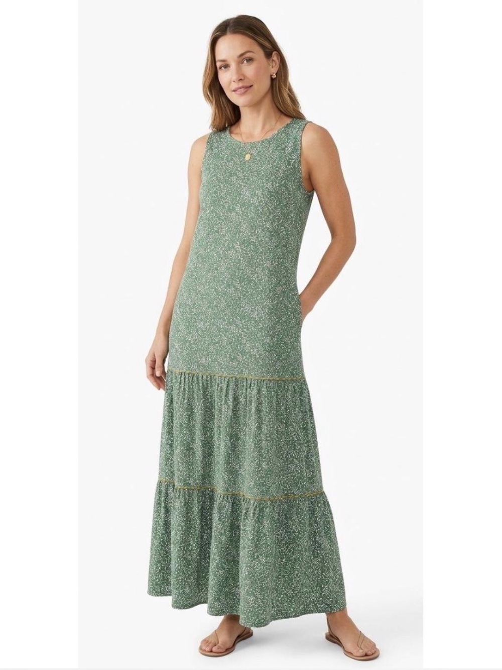 J. Jill Green Speckled Sleeveless Tiered Maxi Dress